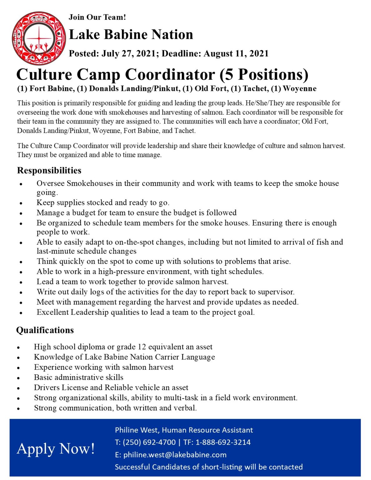 JOB POSTING_Culture Camp Coordinator – Lake Babine Nation